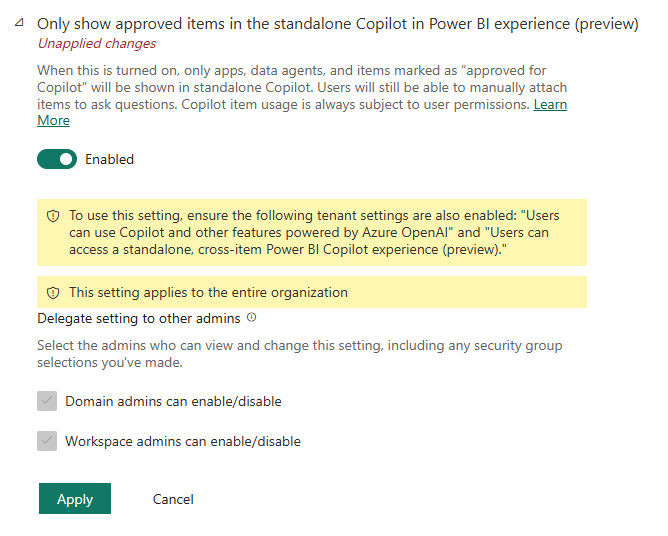 Screenshot of the tenant setting to limit the standalone Power BI Copilot to items approved for Copilot.