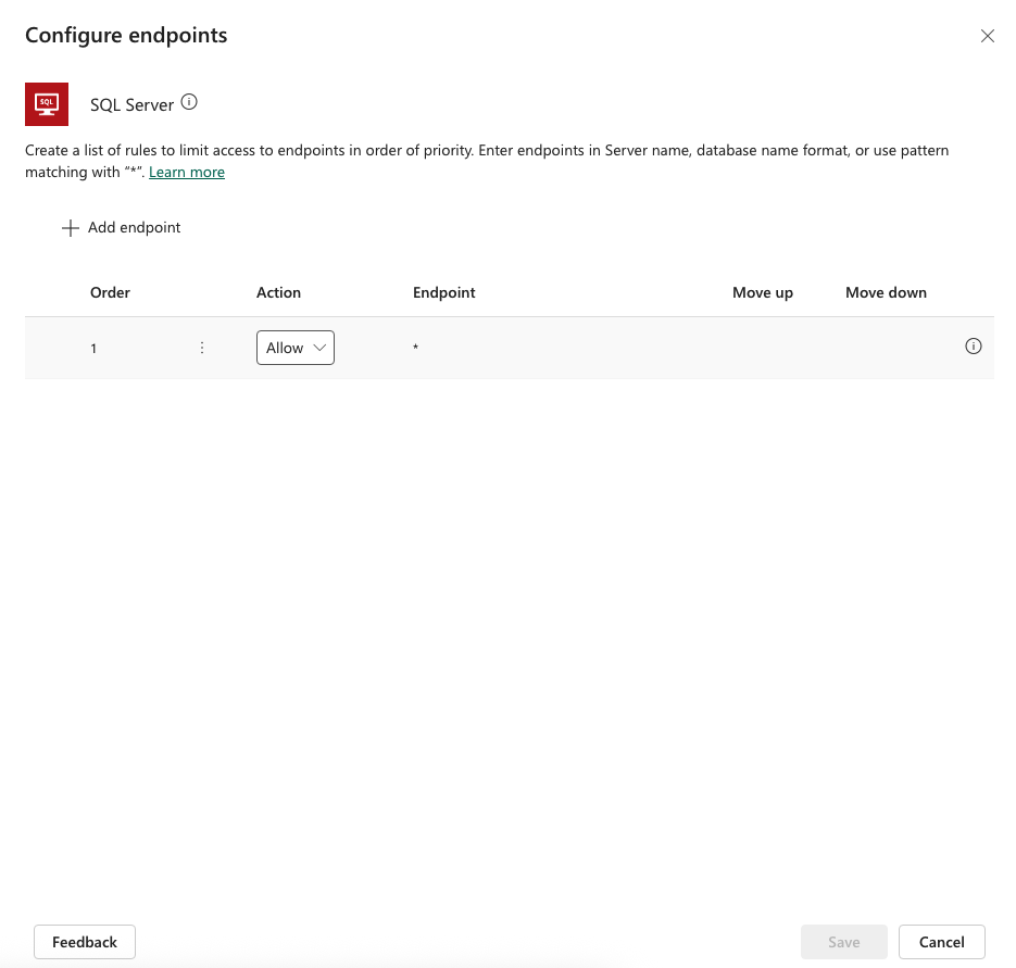 Specify an ordered list of Allow and Deny URL patterns for custom connectors.
