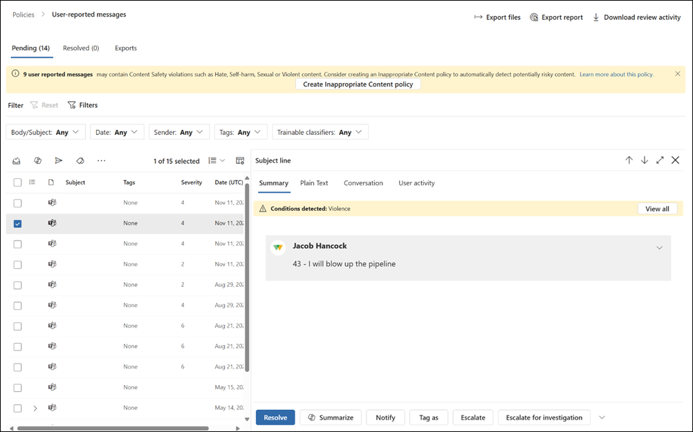 Communication Compliance user-reported messages policy