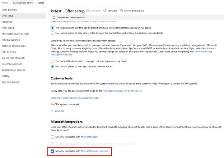 Screenshot of the offer setup page filled in with: 'Yes, I would like to sell through Microsoft and have Microsoft host transactions on my behalf,' 'No, I would prefer to amange customer licenses myself,' and 'My offer integrates with Microsoft Security services.