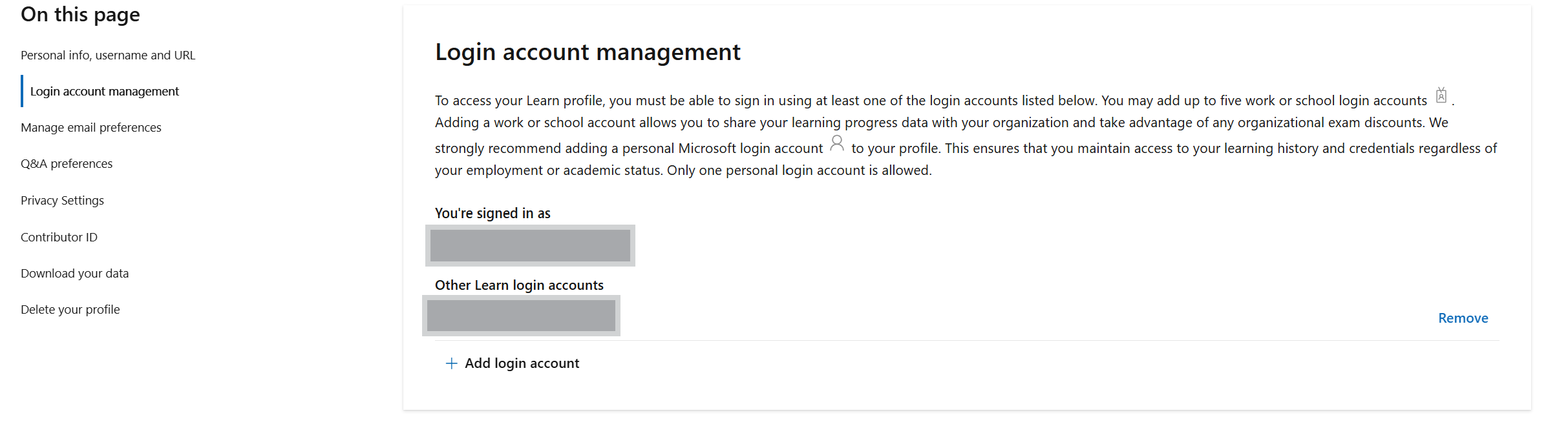 Screenshot of the Account Management section in the Microsoft Learn profile settings.