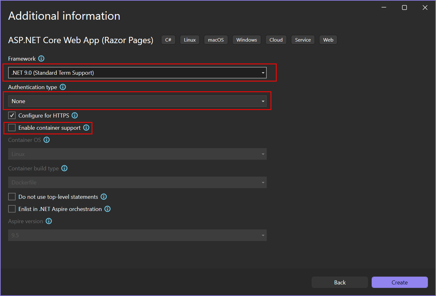 Screenshot that shows the default settings in the Additional information window where the target framework is set to .NET 8.0.
