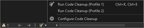 Screenshot showing the Code Cleanup icon and menu in Visual Studio 2022.