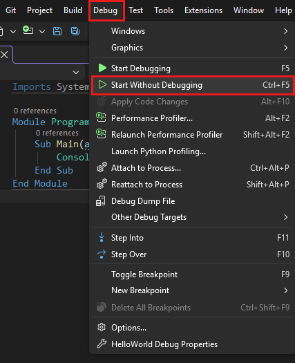 Screenshot that shows the Debug > Start without Debugging menu item.