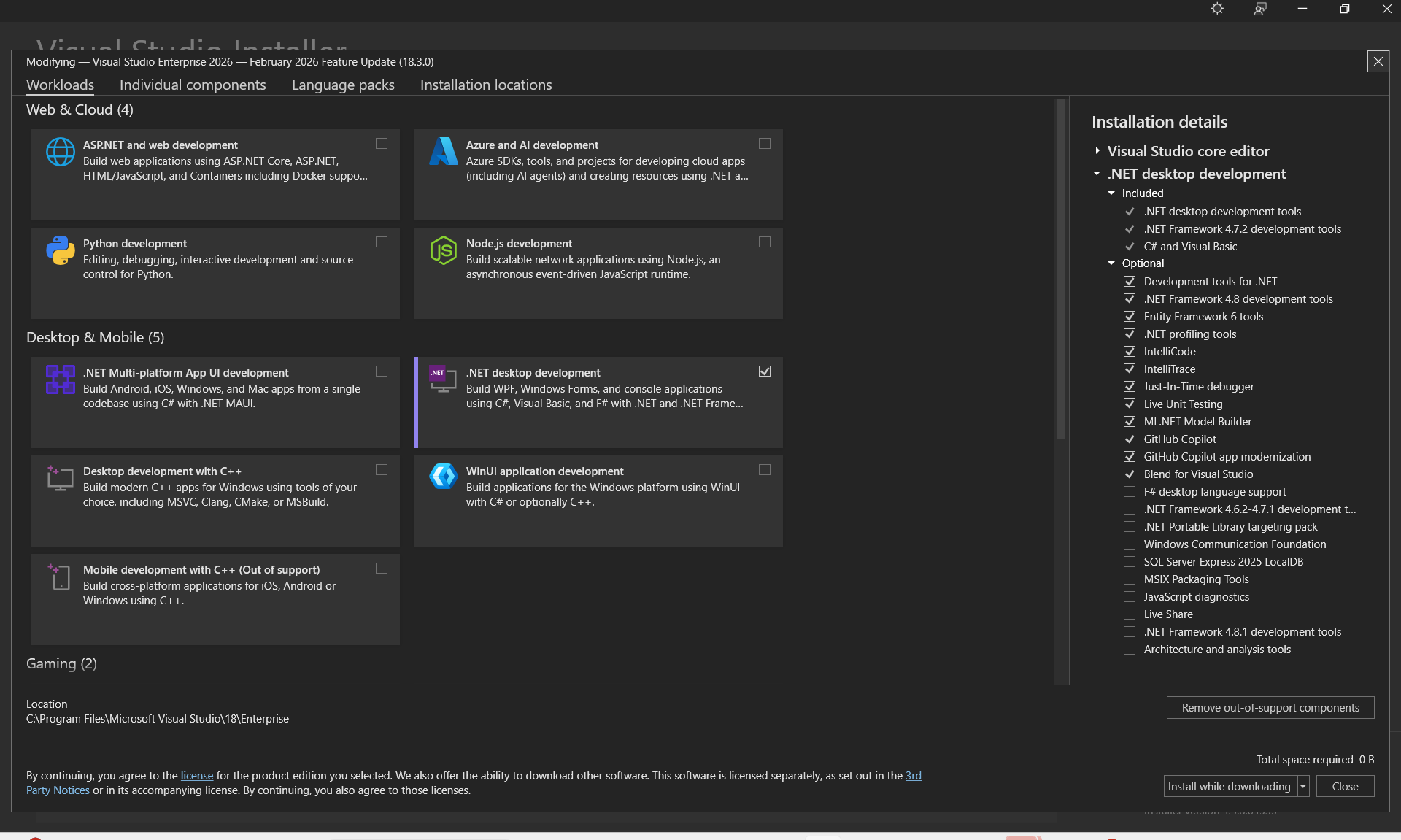 Screenshot of the Workloads tab of Visual Studio Installer.