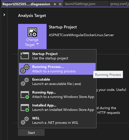 Screenshot of selecting a running process.