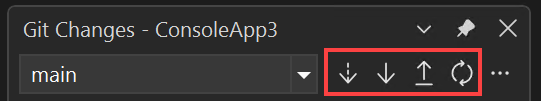 Screenshot that shows the Git Changes window with the Fetch, Pull, Push, and Sync button controls highlighted in Visual Studio.