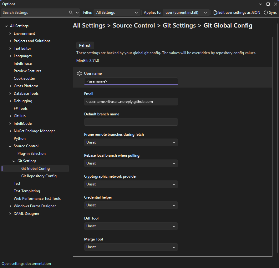 Screenshot of the Options pane where you can choose personalization and customization settings in the Visual Studio IDE.